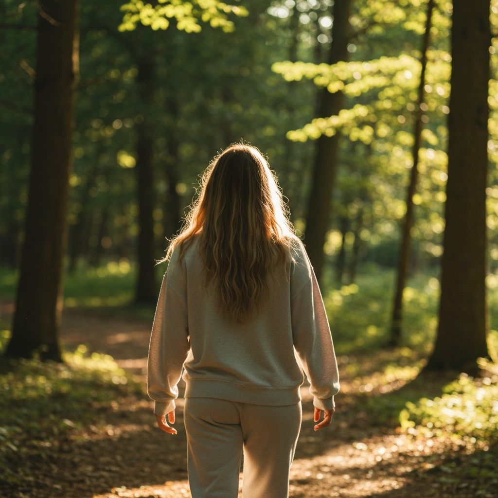 Peaceful nature walk through sunlit forest